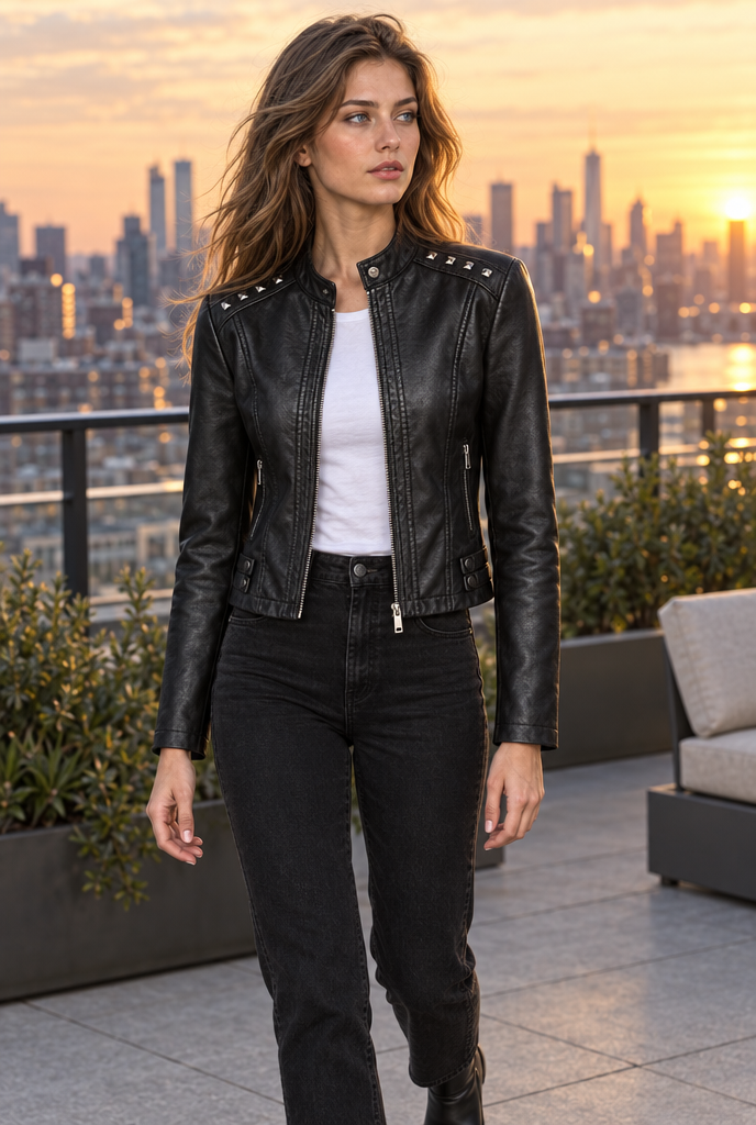 Blouson motard clouté col montant en simili cuir — Noir — en situation