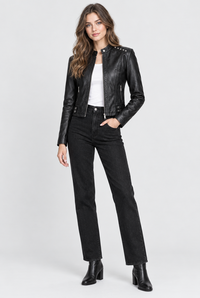 Blouson motard clouté col montant en simili cuir — Noir — silhouette complète