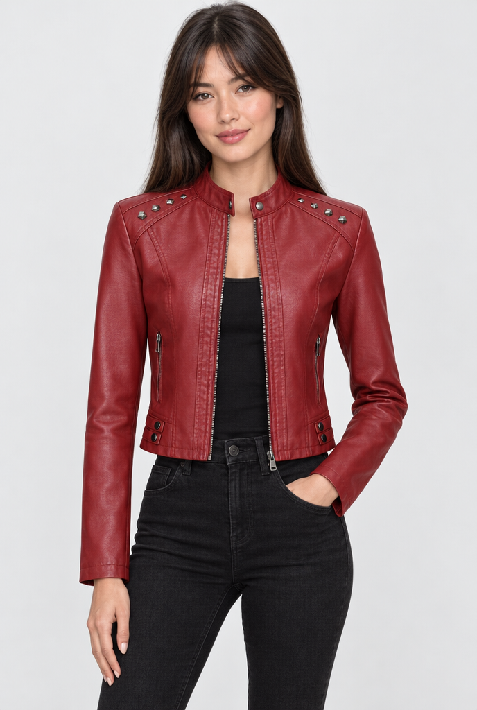 Blouson motard clouté col montant en simili cuir — Lie-de-vin — photo studio