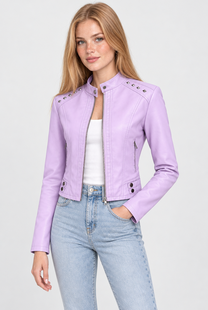 Blouson motard clouté col montant en simili cuir — Lilas — photo studio