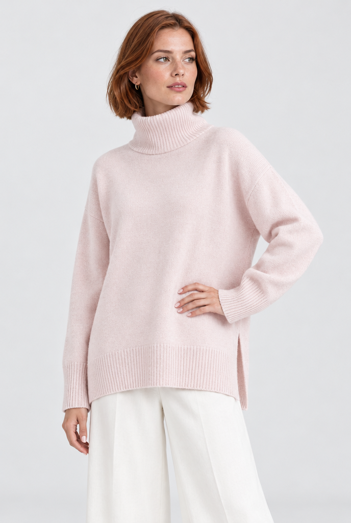 Pull col roulé oversize fendu sur les côtés — Rose poudré — photo studio