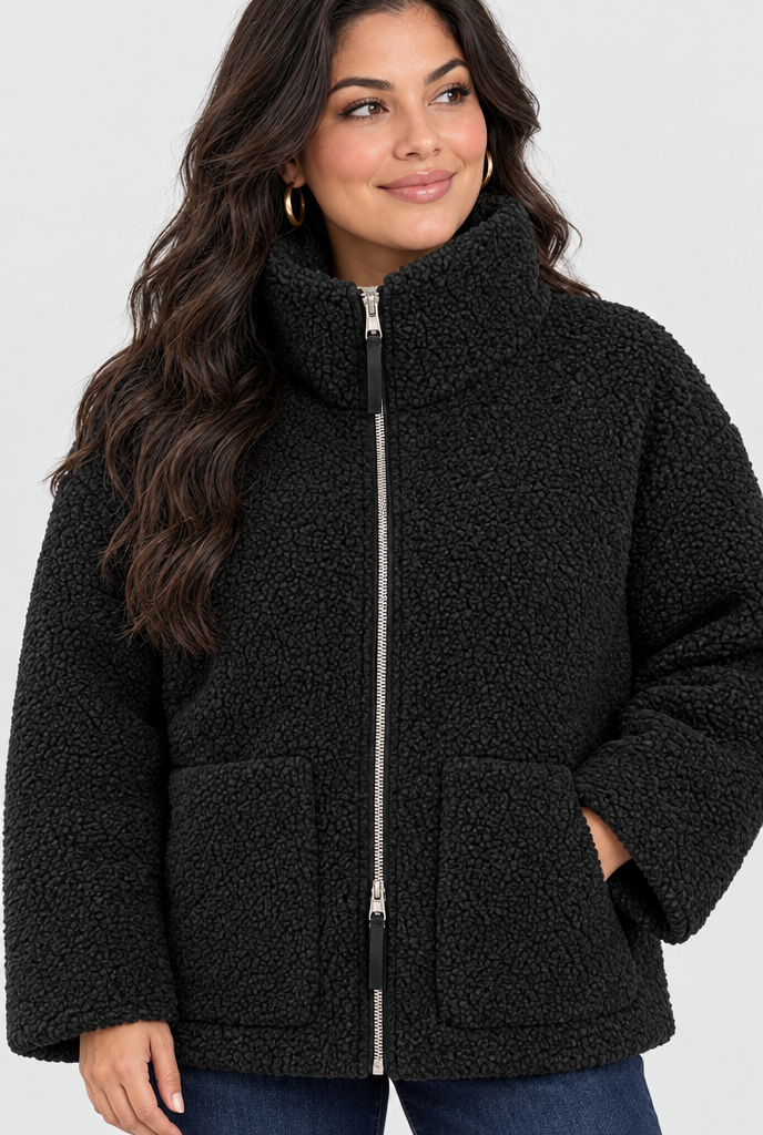 Veste zippée oversize en polaire sherpa — Noir — col