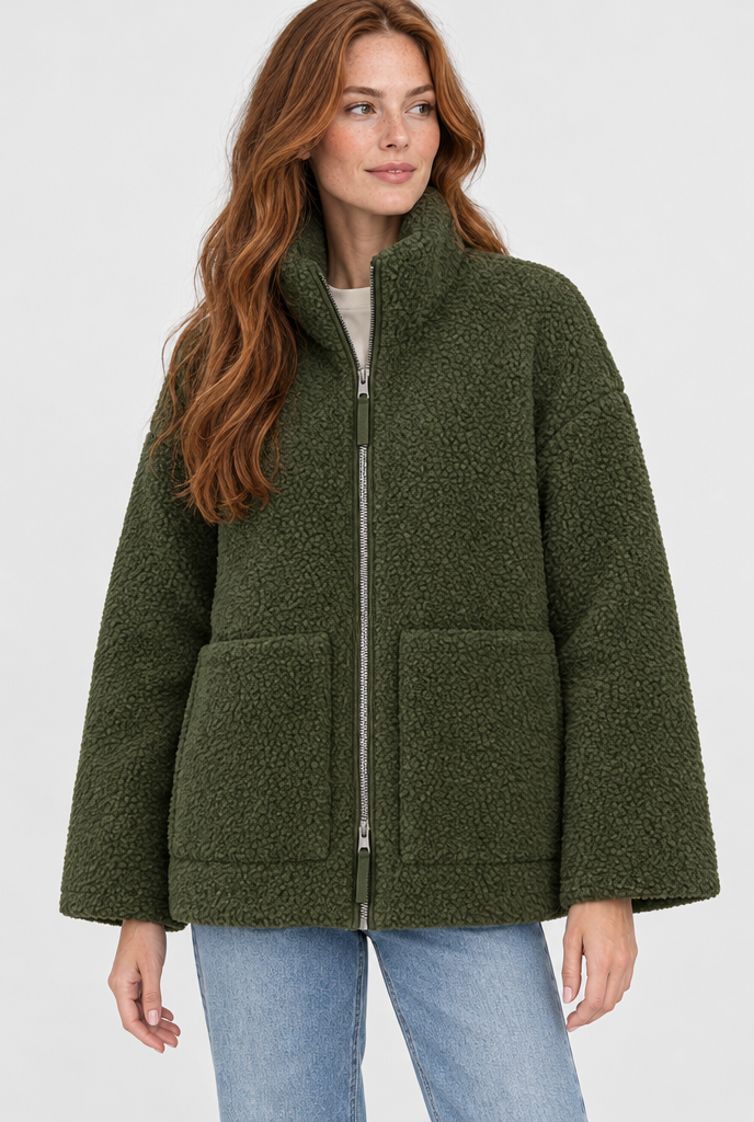 Veste zippée oversize en polaire sherpa — Olive — photo principale