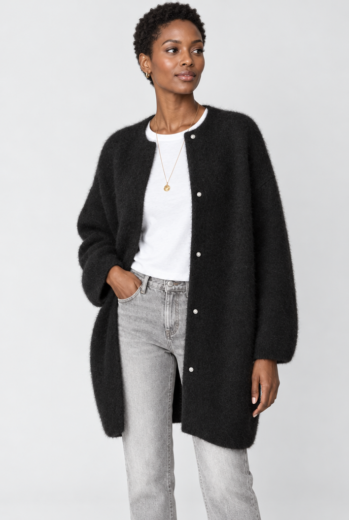 Long cardigan col rond en maille duveteuse — Noir — photo principale