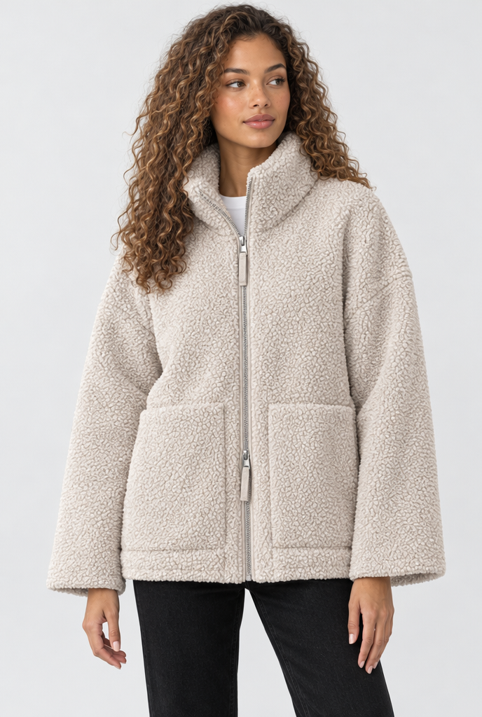 Veste zippée oversize en polaire sherpa — Flocon d’avoine — photo principale