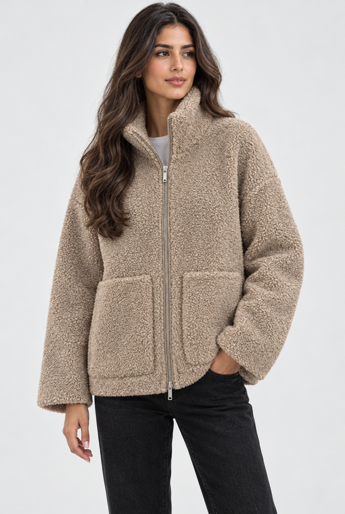 Veste zippée oversize en polaire sherpa — Camel — photo principale