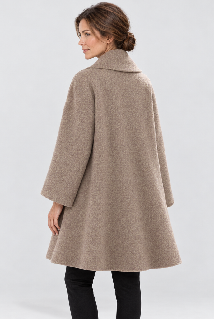 Camel shawl-collar swing coat, back view