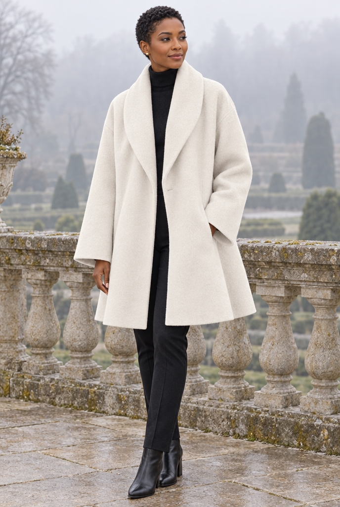 Winter White shawl-collar swing coat, lifestyle