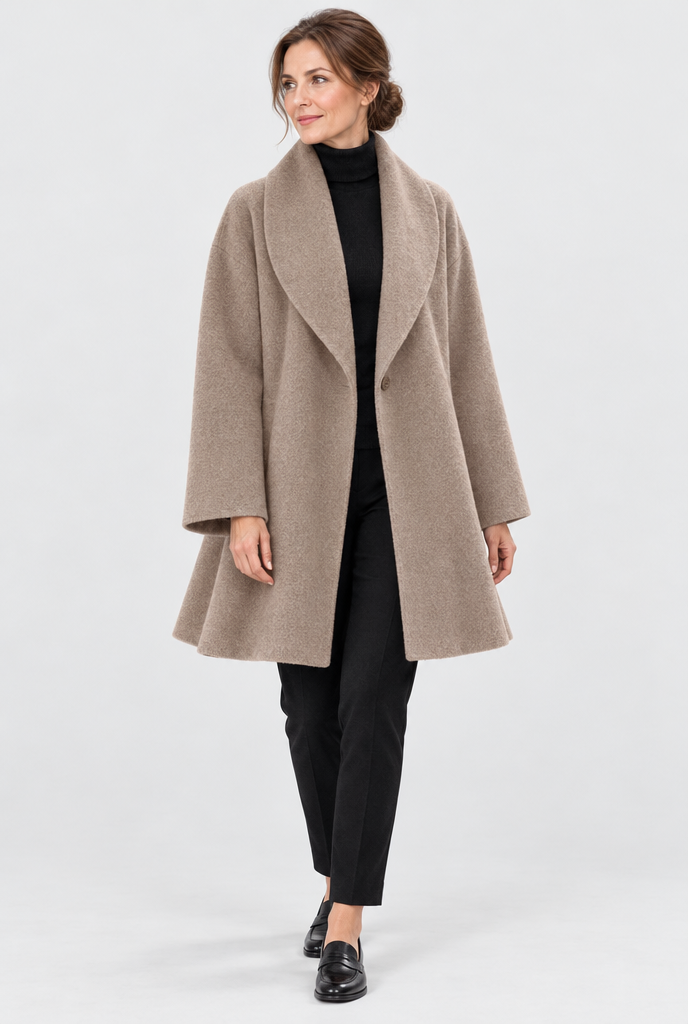 Camel shawl-collar swing coat, full body