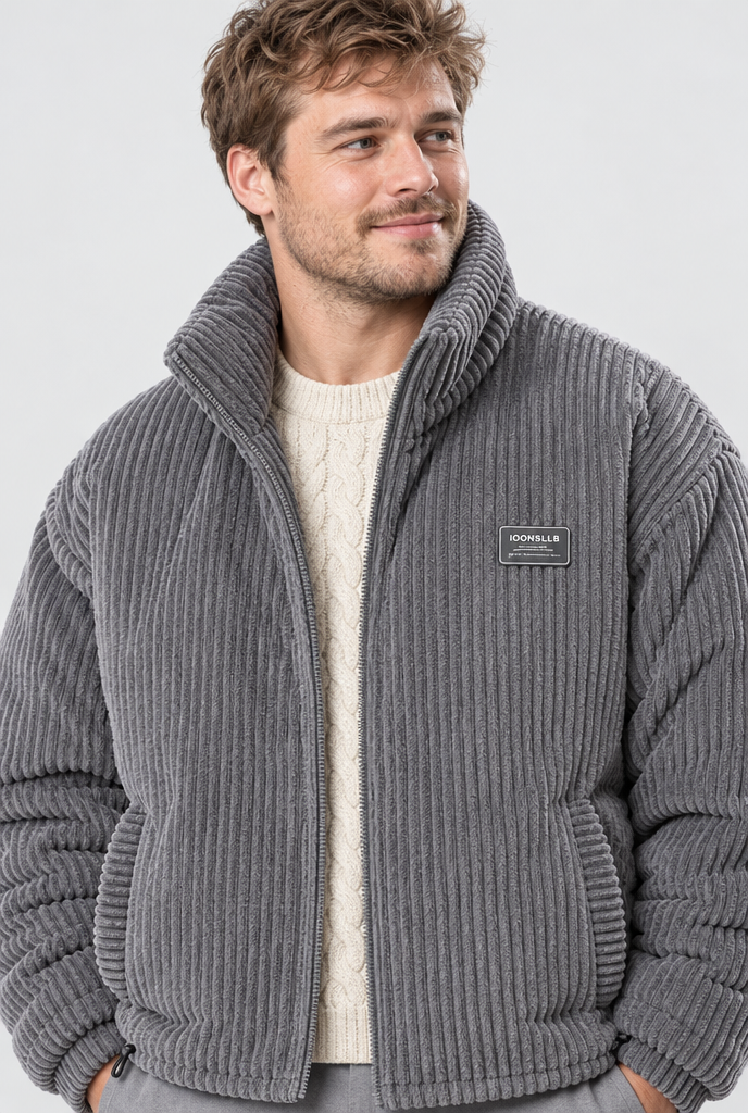 Veste rembourrée en velours côtelé, col montant — Gris — détail du col