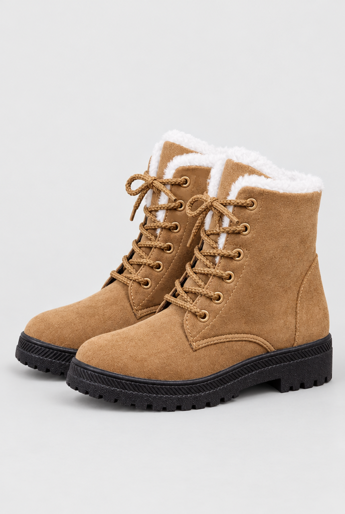 Bottes de neige à lacets en suédine doublées peluche — Camel — packshot
