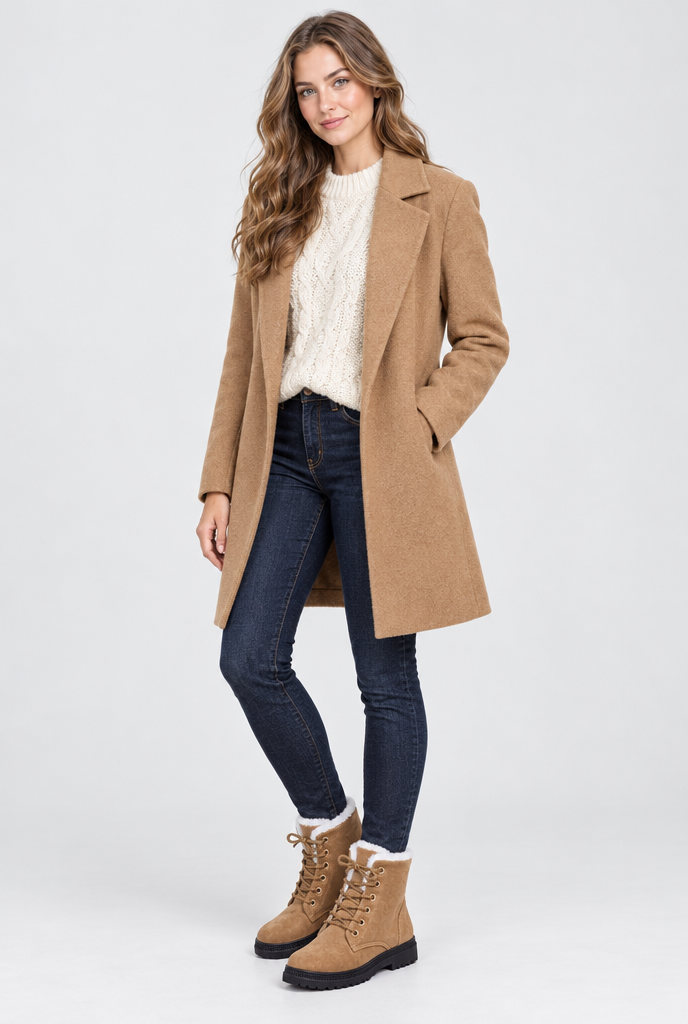 Bottes de neige à lacets en suédine doublées peluche — Camel — silhouette complète