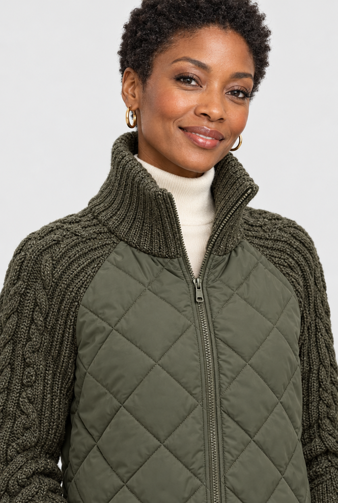 Veste matelassée zippée à manches en maille torsadée — Olive — col