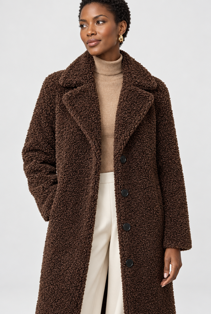 Chocolate long teddy coat, collar close-up