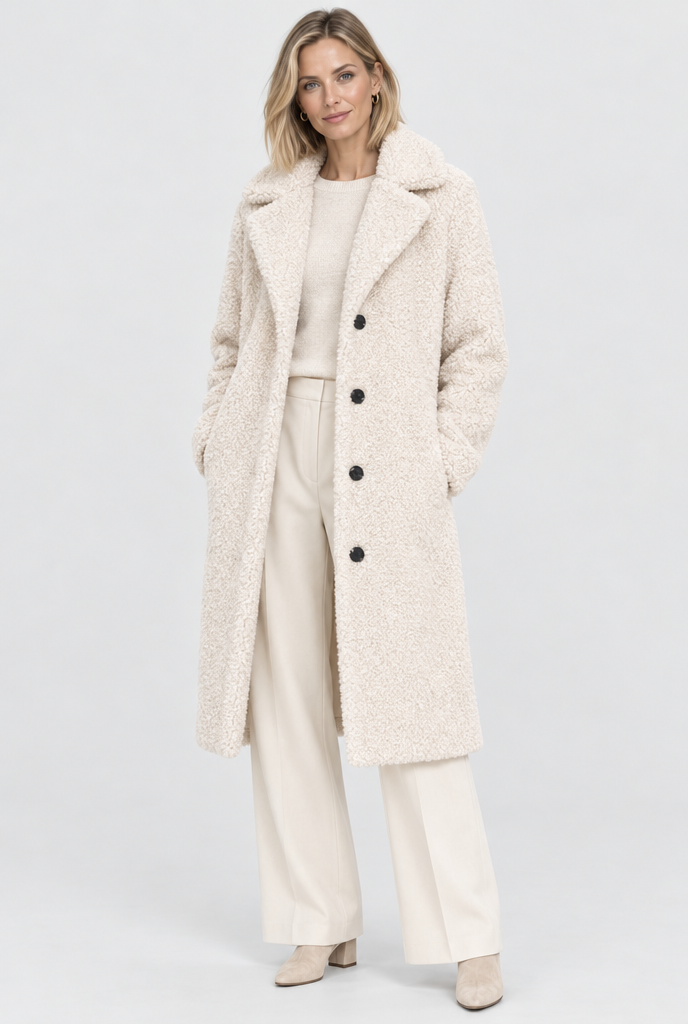Ivory long teddy coat, full body