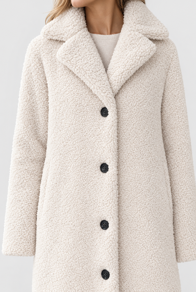 Ivory long teddy coat, detail