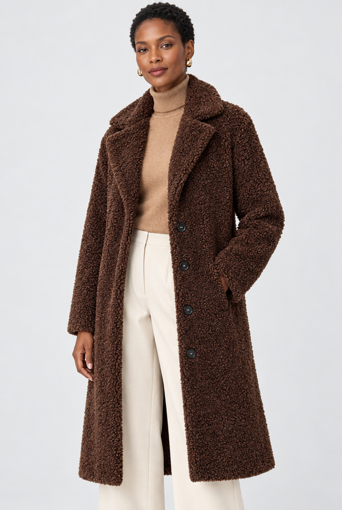 Chocolate long teddy coat, studio hero