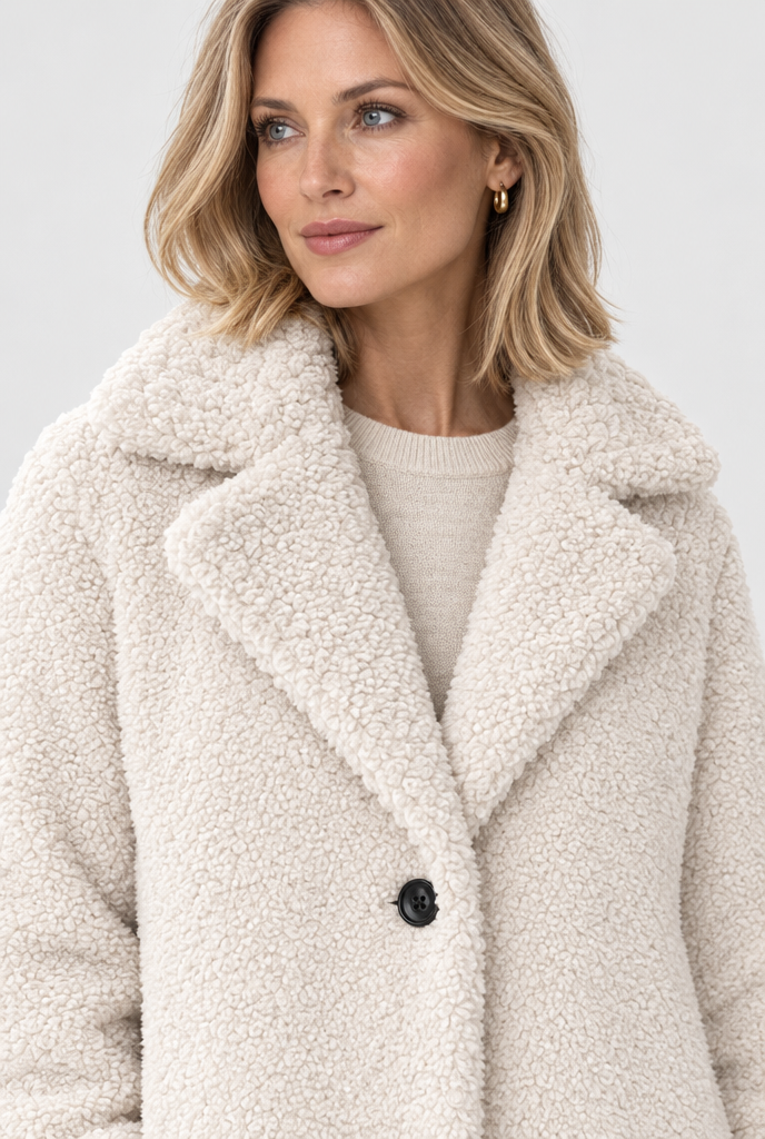 Ivory long teddy coat, collar close-up