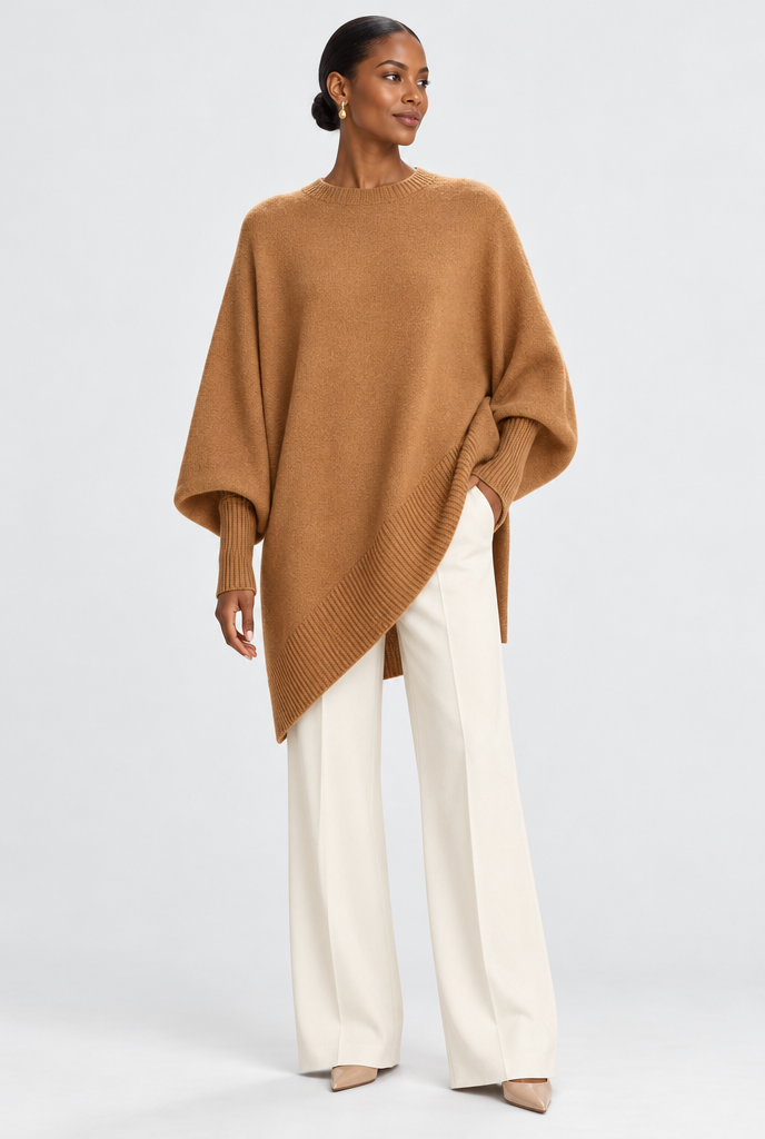 Pull oversize manches chauve-souris à ourlet asymétrique — Camel — silhouette complète