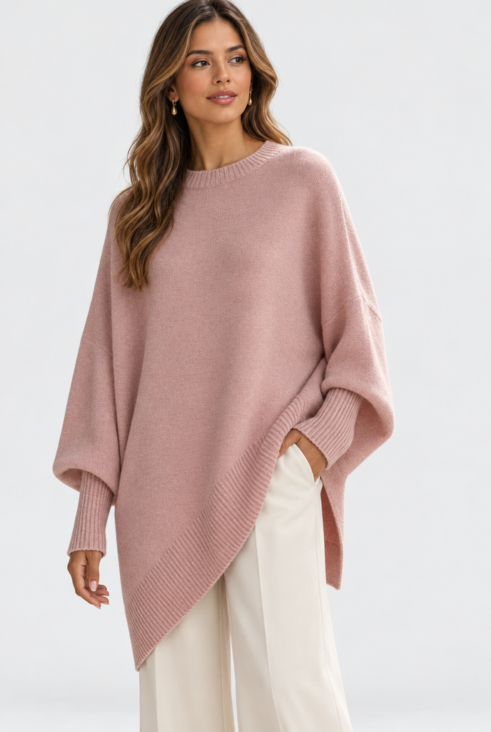 Pull oversize manches chauve-souris à ourlet asymétrique — Vieux rose — photo principale