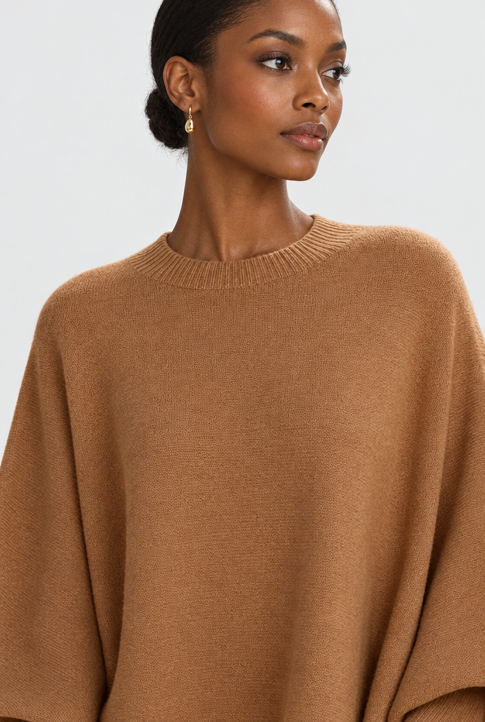 Pull oversize manches chauve-souris à ourlet asymétrique — Camel — détail du col