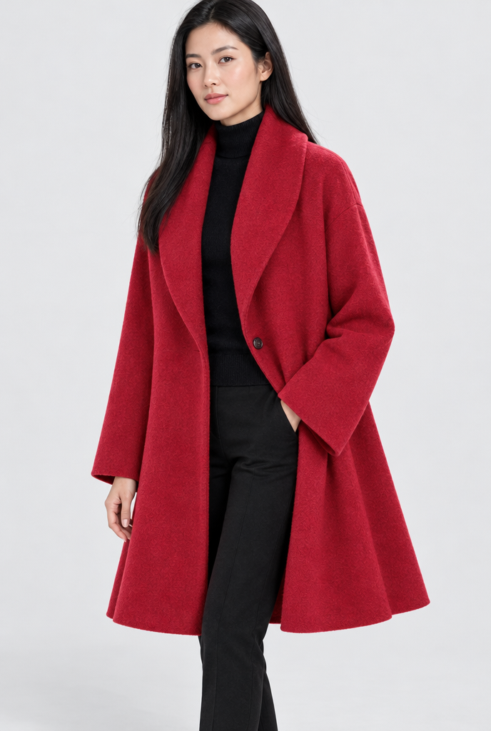 Crimson shawl-collar swing coat, studio