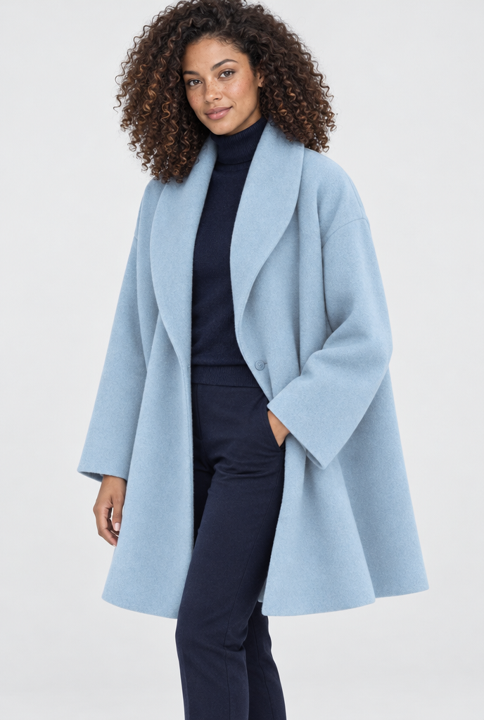Sky Blue shawl-collar swing coat, studio