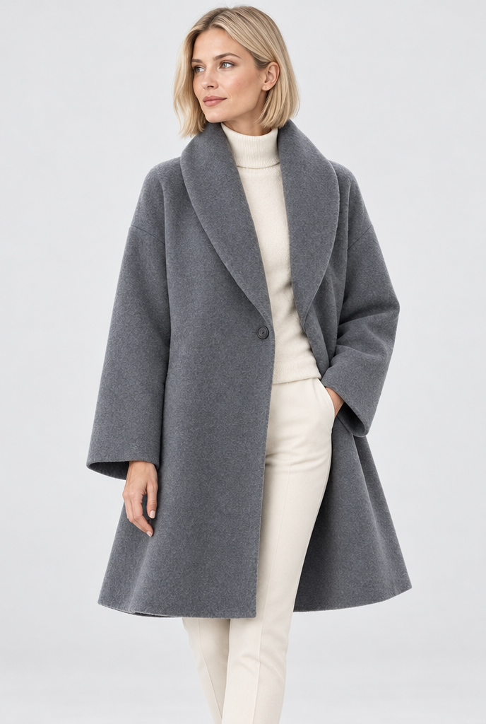 Stone Grey shawl-collar swing coat, studio