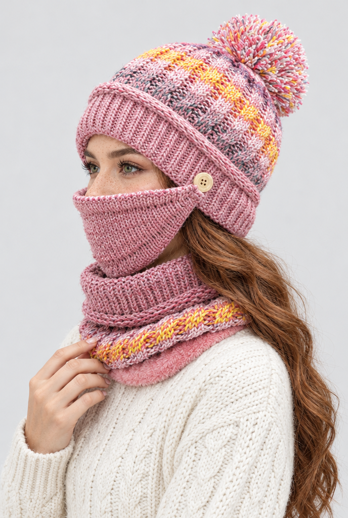 Ensemble bonnet à pompon, tour de cou et cache-visage — Rose ancien