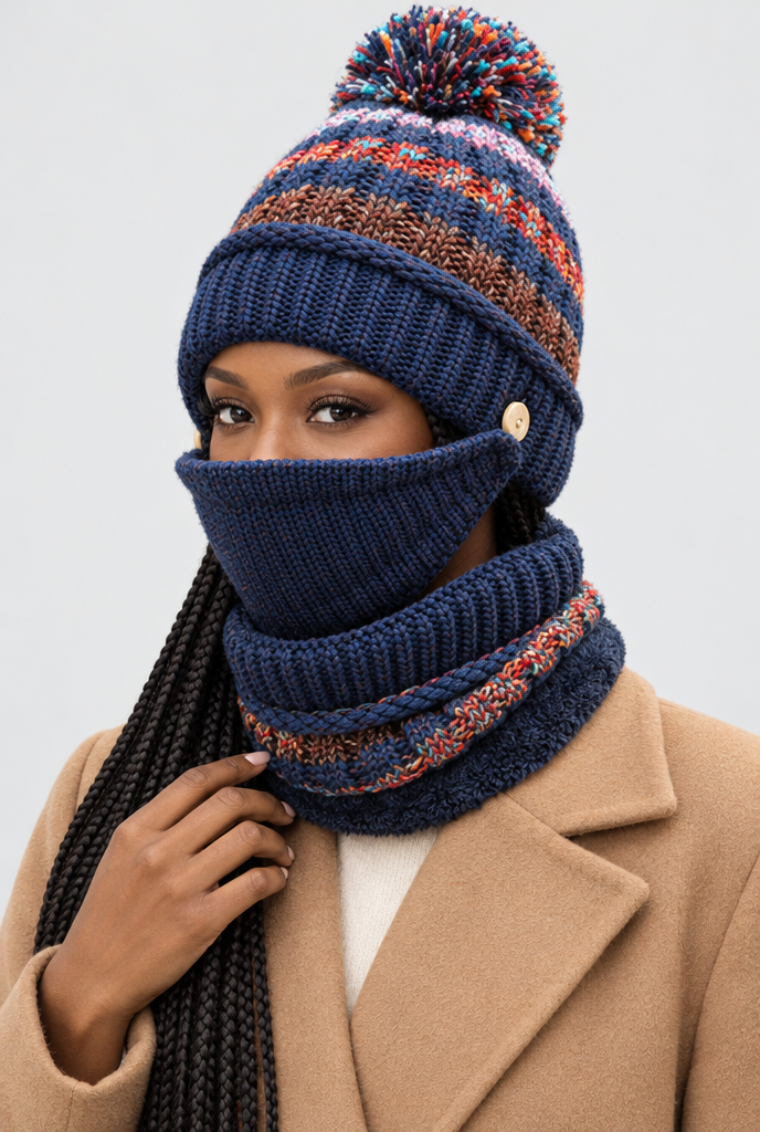 Ensemble bonnet à pompon, tour de cou et cache-visage — Marine — photo principale