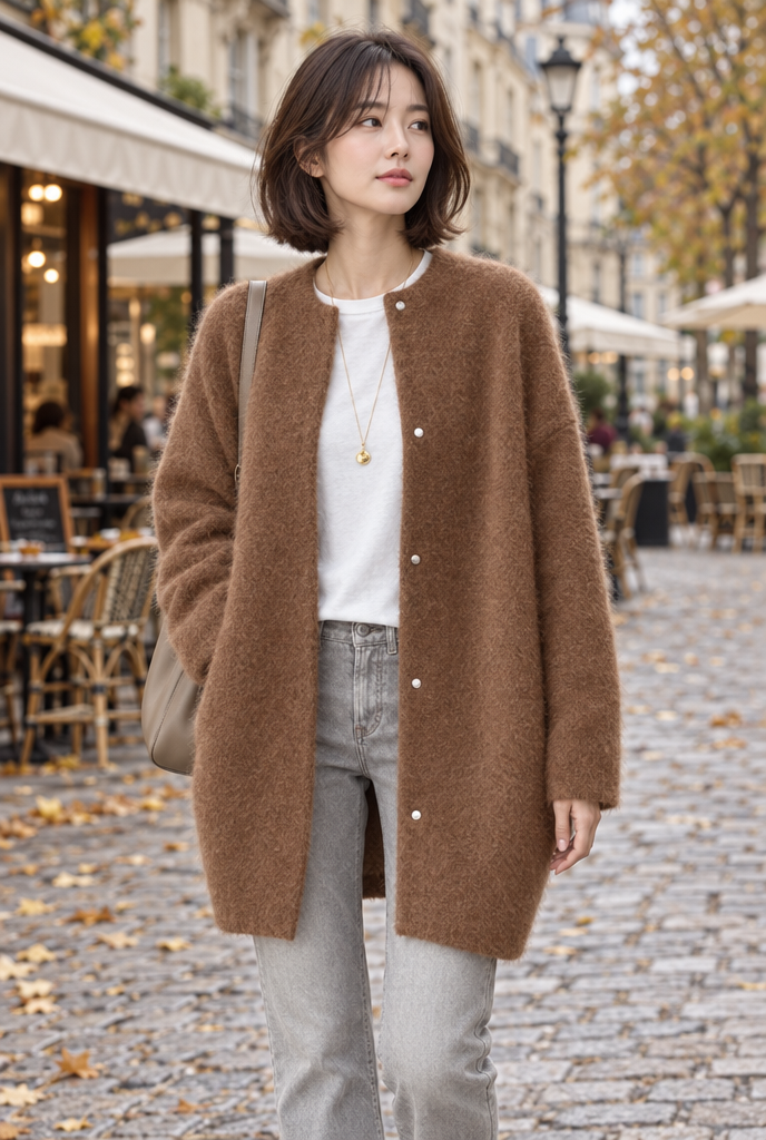 Long cardigan col rond en maille duveteuse — Cannelle — en situation