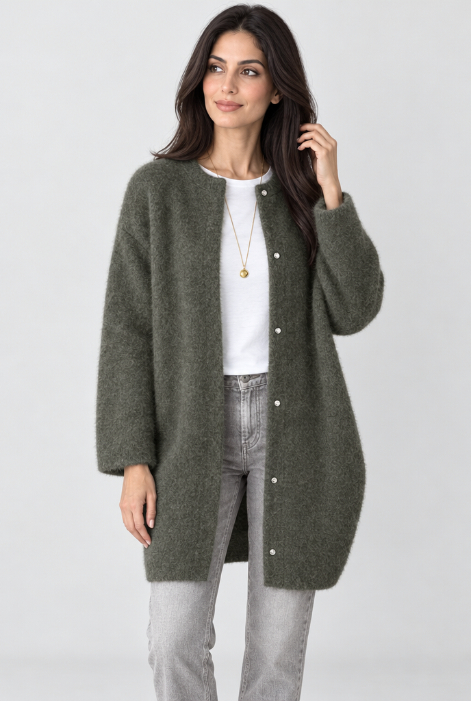 Long cardigan col rond en maille duveteuse — Olive — photo principale