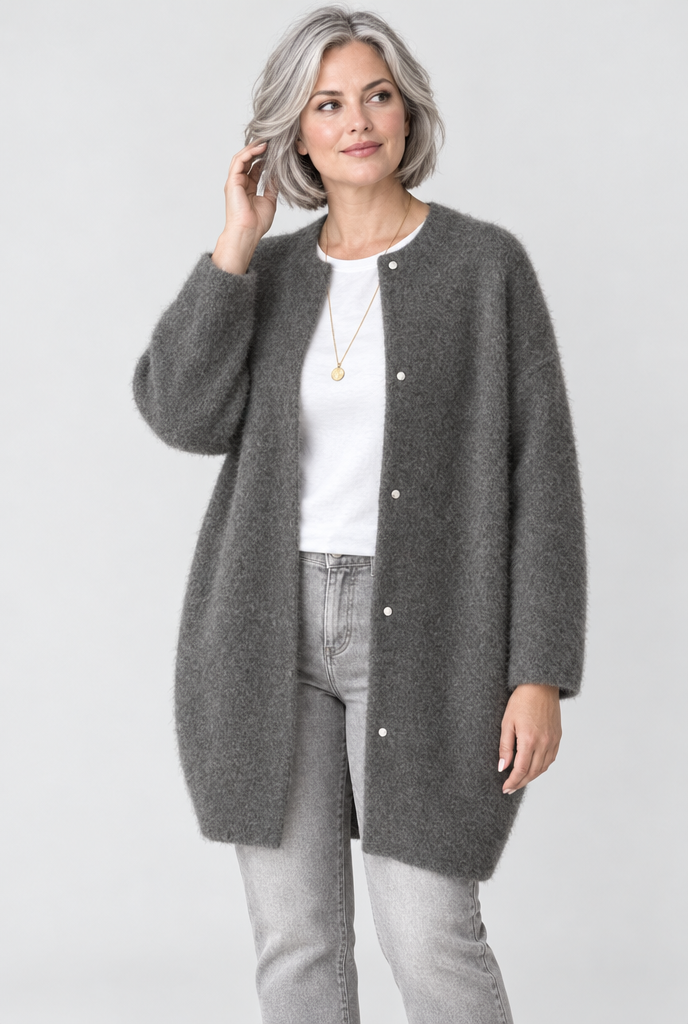 Long cardigan col rond en maille duveteuse — Anthracite — photo principale