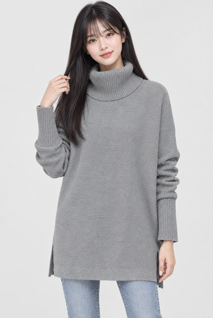 Pull tunique col roulé oversize à fentes — Gris perle — photo studio