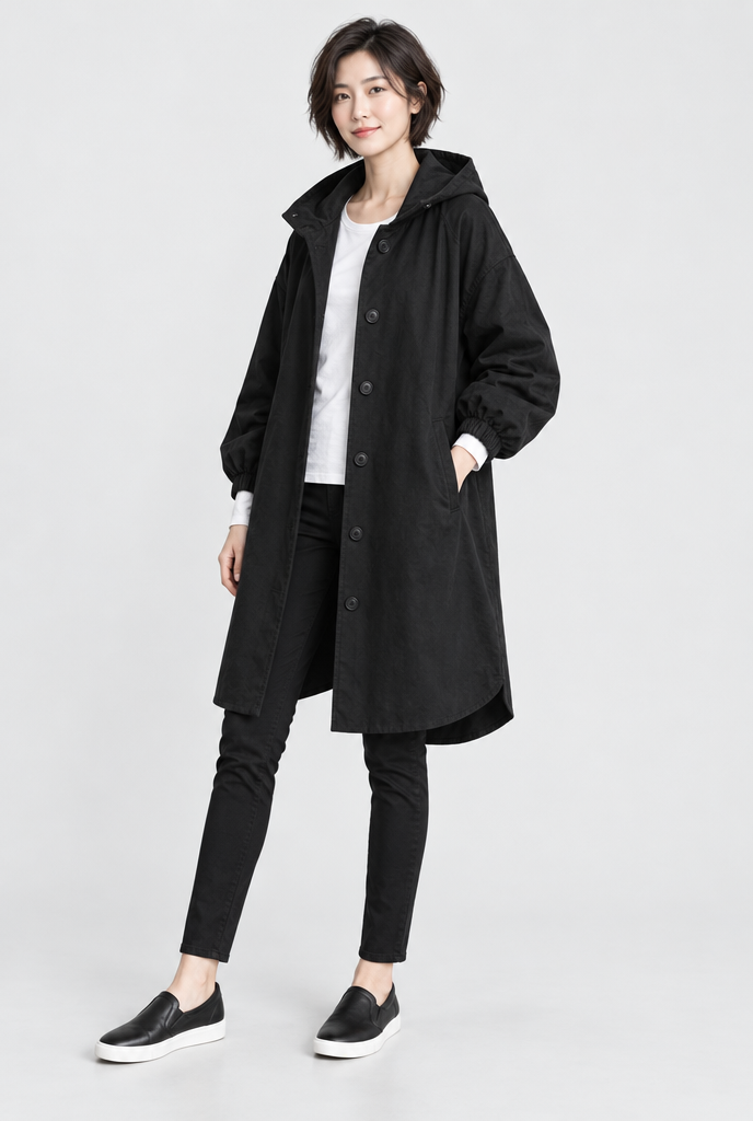 Manteau utilitaire oversize boutonné à capuche — Noir — silhouette complète