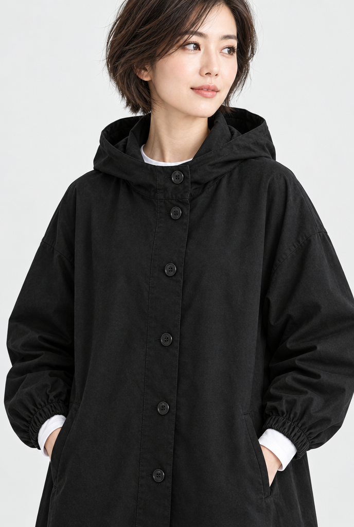 Manteau utilitaire oversize boutonné à capuche — Noir — détail du col