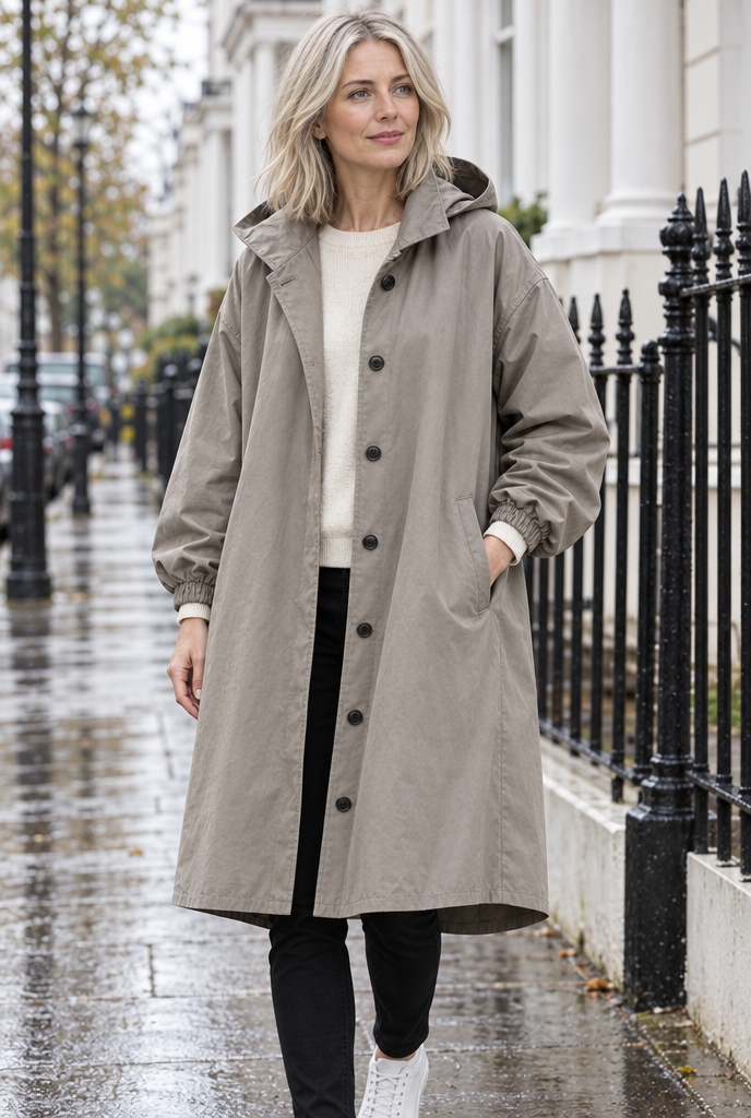 Manteau utilitaire oversize boutonné à capuche — Gris pierre clair — en situation