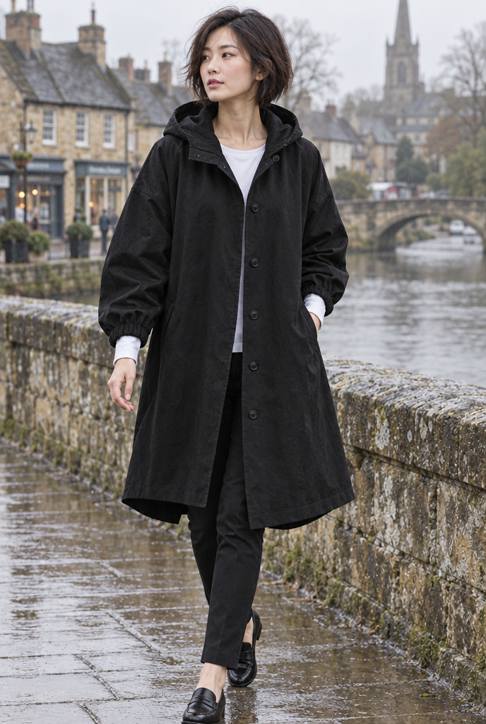 Manteau utilitaire oversize boutonné à capuche — Noir — en situation