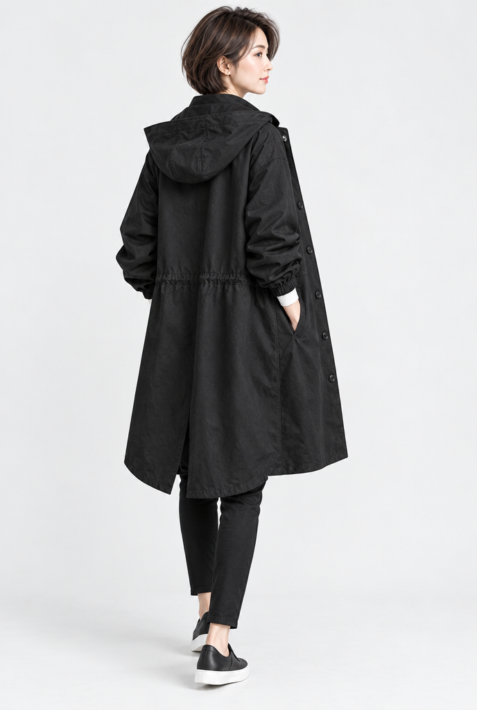 Manteau utilitaire oversize boutonné à capuche — Noir — vue de dos