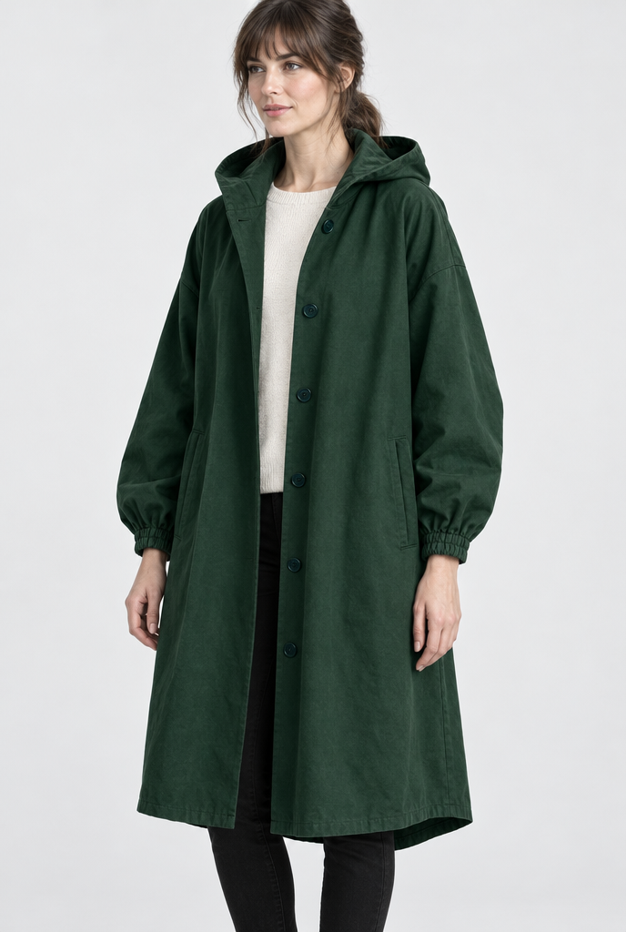 Manteau utilitaire oversize boutonné à capuche — Vert forêt — photo studio