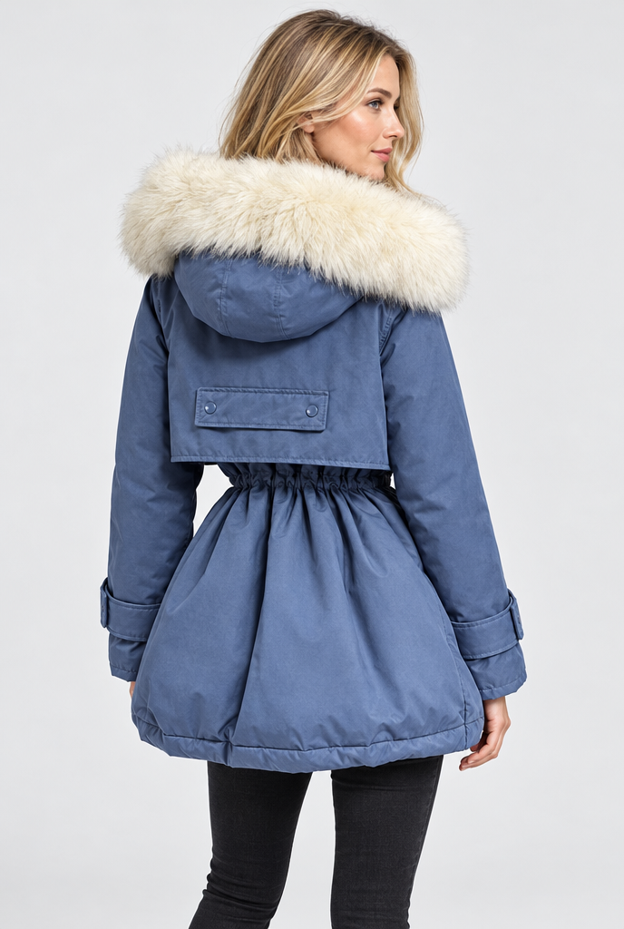 Parka rembourrée cintrée à capuche en fausse fourrure — Bleu denim — vue de dos