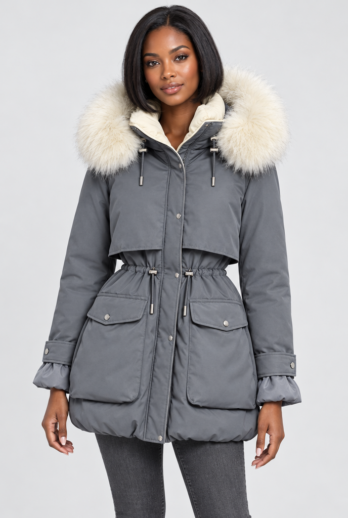 Parka rembourrée cintrée à capuche en fausse fourrure — Gris bordure ivoire — photo studio