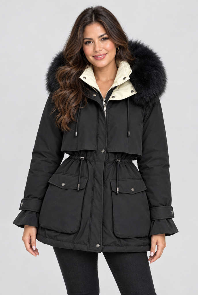 Parka rembourrée cintrée à capuche en fausse fourrure — Noir — photo studio