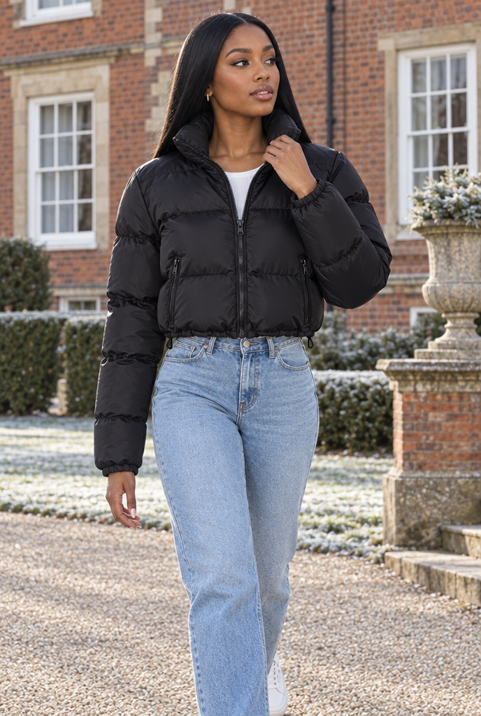 Black cropped puffer jacket, lifestyle