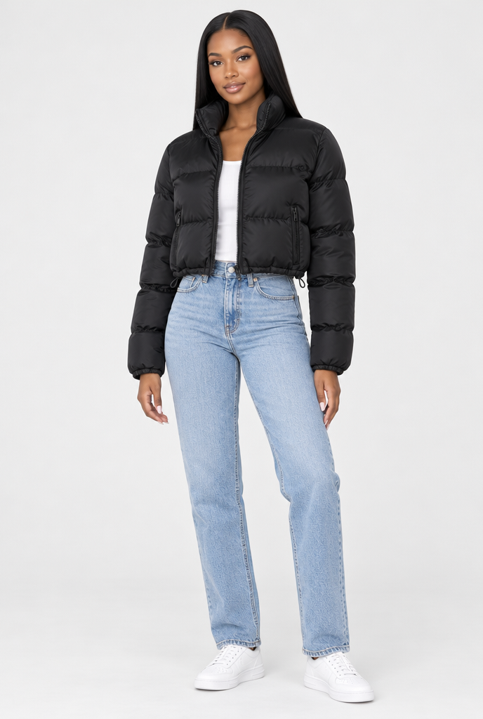 Black cropped puffer jacket, full body