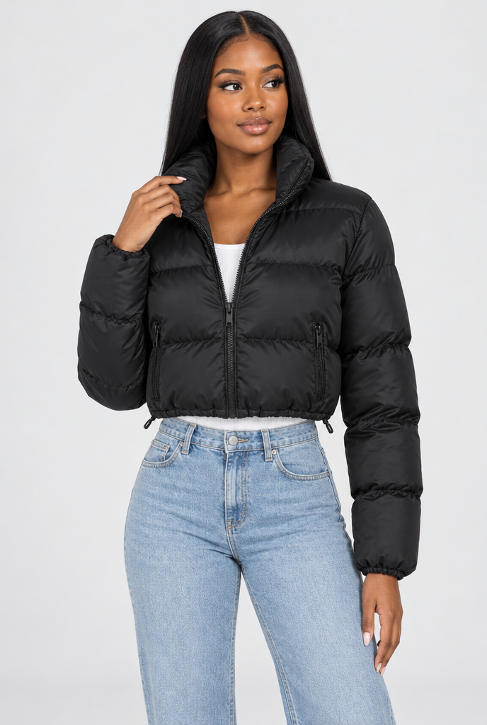 Black cropped puffer jacket, hero