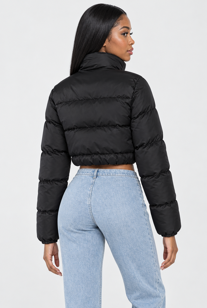 Black cropped puffer jacket, back