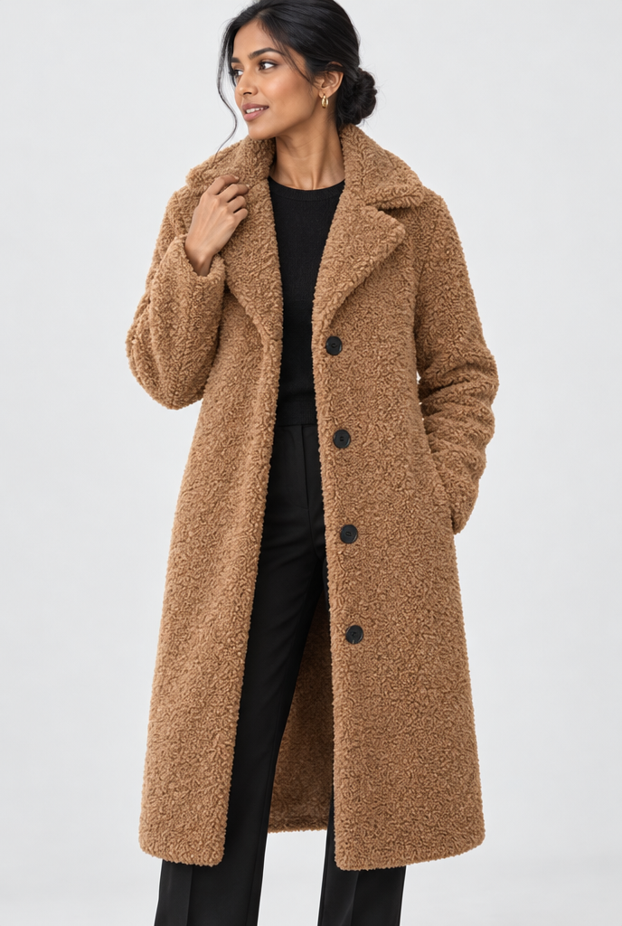 Camel long teddy coat, studio hero