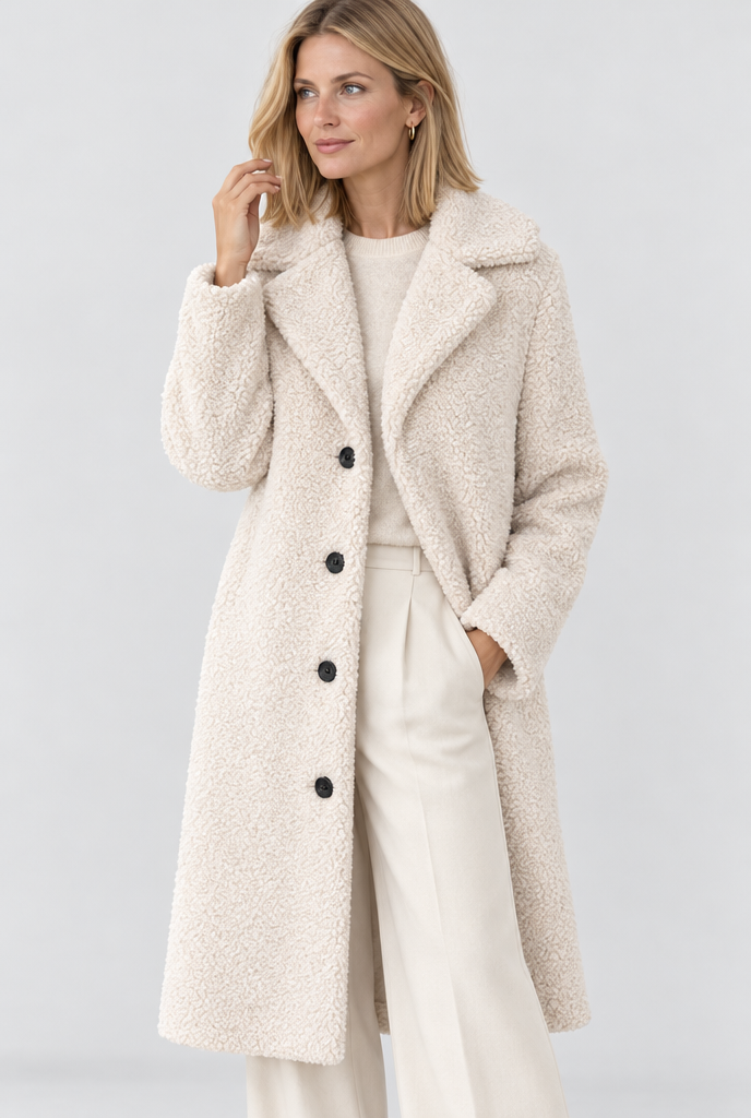 Ivory long teddy coat, studio hero
