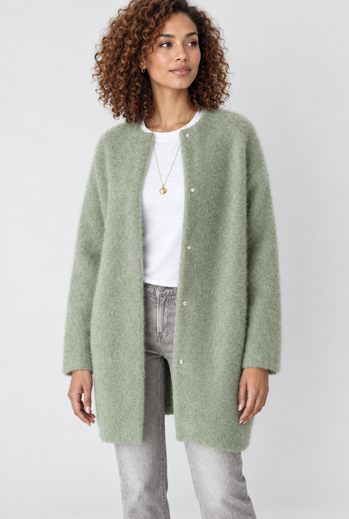 Long cardigan col rond en maille duveteuse — Sauge — photo principale